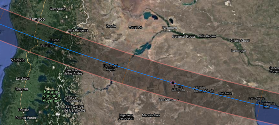 Path of totality for the December 14, 2020 total solar eclipse. Image from https://eclipse.gsfc.nasa.gov/SEgoogle/SEgoogle2001/SE2020Dec14Tgoogle.html