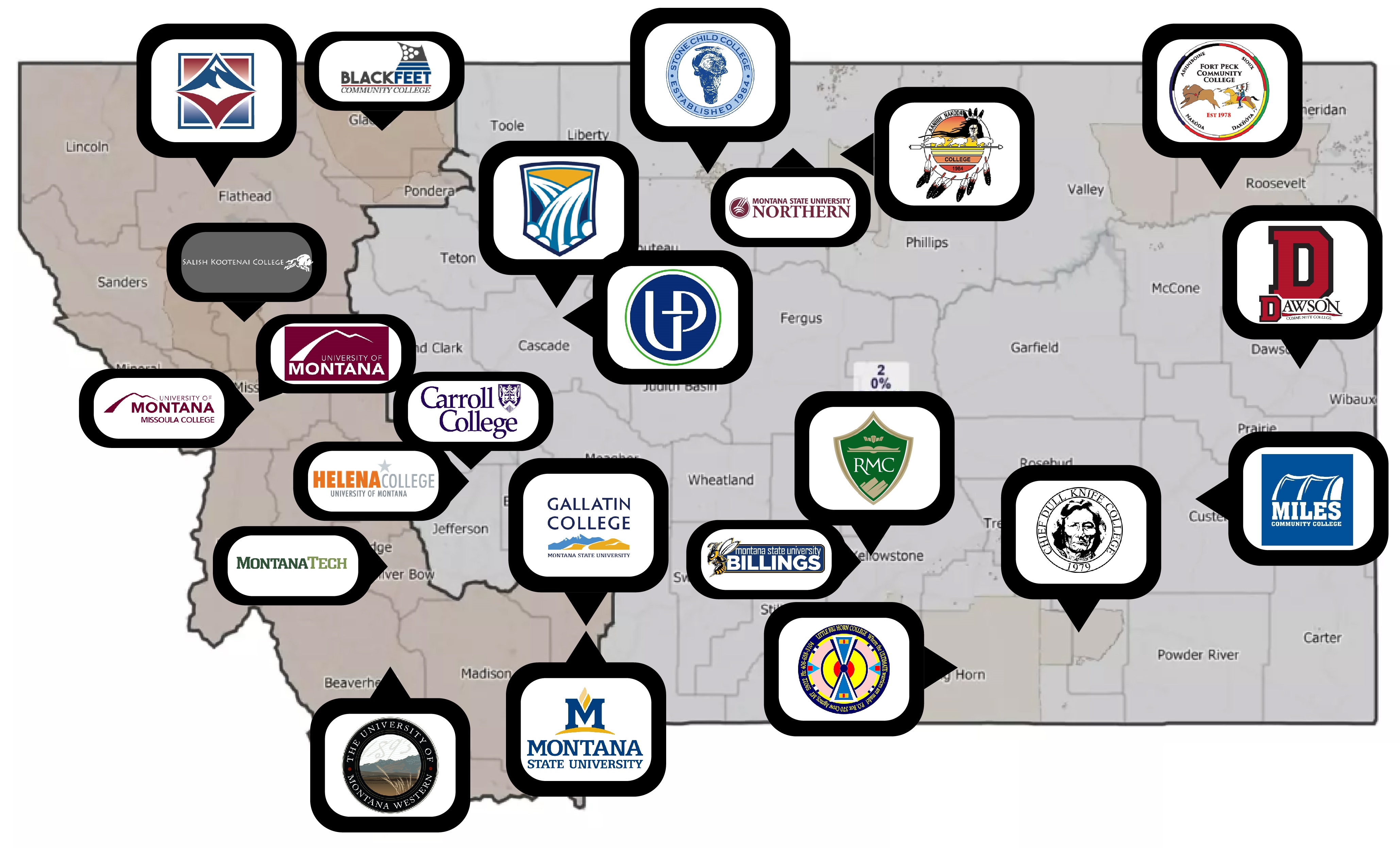 Montana map with all high education institutuions in bubbles as well as county lines and Native American reservations.